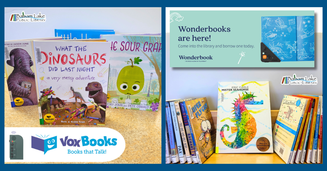 A display of children's books, including "What the Dinosaurs Did Last Night" and "Mister Seahorse," promoting VoxBooks and Wonderbooks at a library.