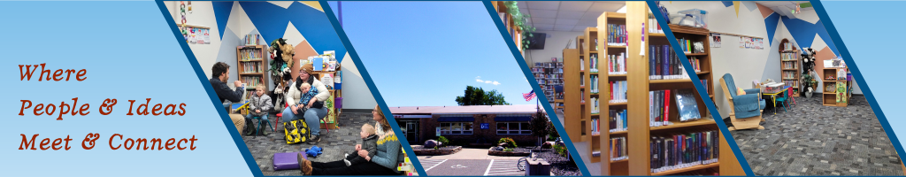 Banner displaying pictures of the exterior and interior of the library