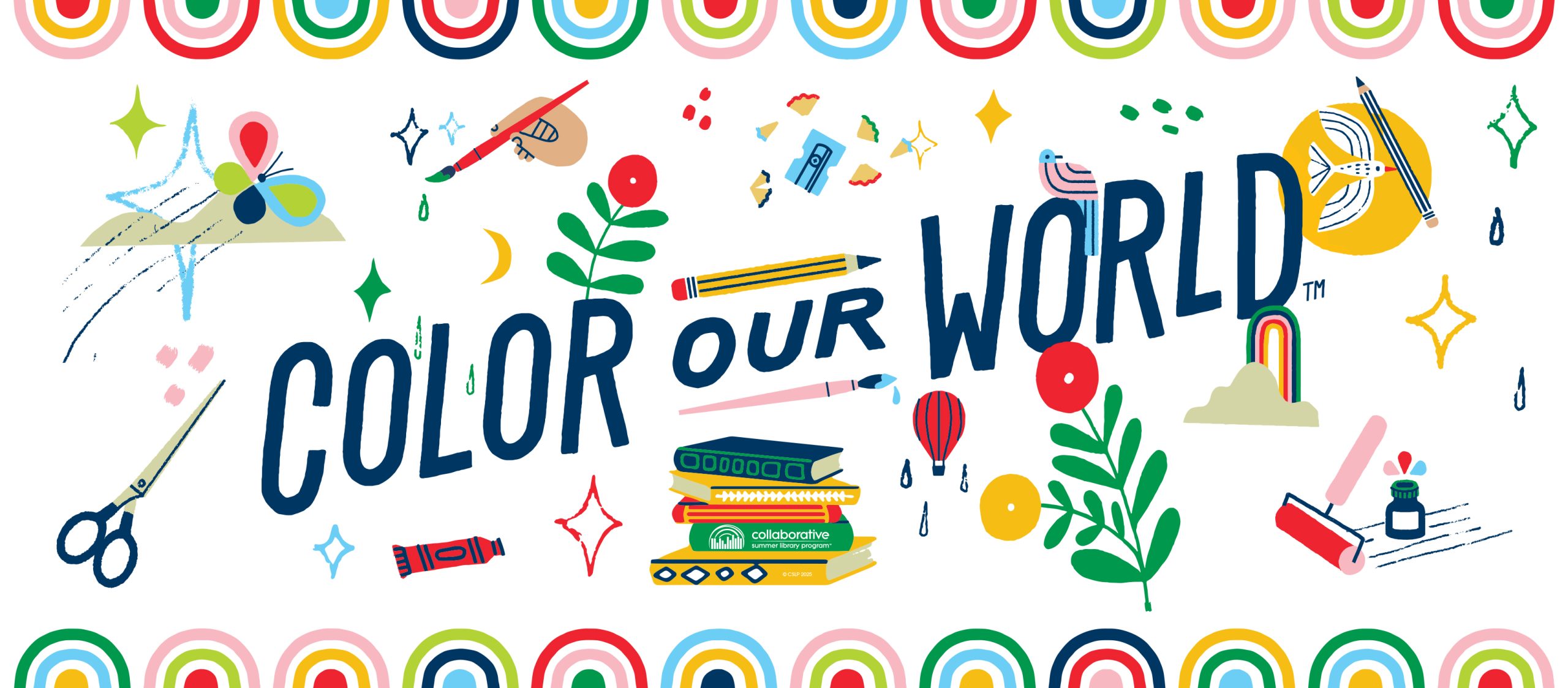 A vibrant illustration featuring the phrase "COLOR OUR WORLD" surrounded by art supplies, plants, and playful doodles.