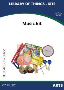 Arts Music A colorful music kit featuring instruments, songbooks, and playful items like tambourines, maracas, and rhythm sticks.