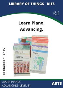 Arts Piano Advancing Image of piano learning materials including sheet music and exercise books labeled 'Learn Piano: Advancing (Level 5).'