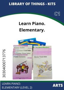 Arts Piano Elementary A collection of beginner piano lesson books titled "Learn Piano: Elementary" with colorful covers displayed on a blue background.