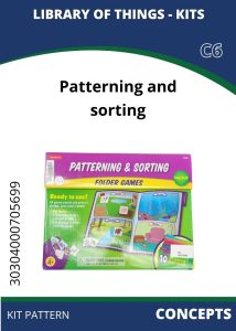 Concepts Patterning and Sorting A colorful kit titled "Patterning & Sorting", featuring folder games for pre-K children, promoting learning through play.