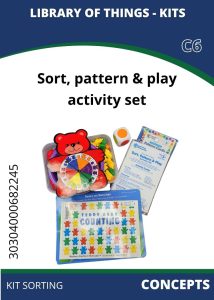 Concepts Sort Pattern Play Colorful sorting and counting activity kit featuring teddy bear shapes, pattern cards, and a dice for educational play.
