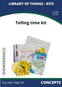 Concepts Telling Time Telling time kit featuring a wipe-clean book, yellow clock, dice, and dominoes for learning time concepts.