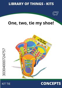 Concepts Tie My Shoe Colorful cardboard shoe lacing kit featuring playful designs and text, "One, two, tie my shoe!" for teaching lace-tying skills.