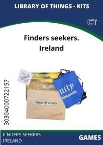 Games - Finders Seekers Ireland A collection of items for the "Finders Seekers: Ireland" game, including a welcome card, a map, and a blue drawstring bag.