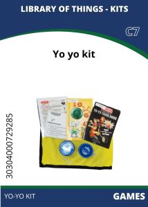 Games YoYo A yo-yo kit featuring two yo-yos, a trick book, and instructions, neatly packaged in a yellow bag with a label.