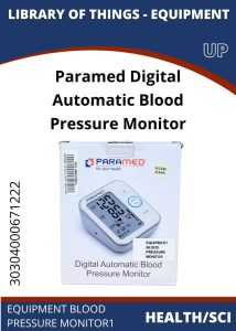 Health-Sci Blood Pressure A Paramed Digital Automatic Blood Pressure Monitor box displaying its features, with loan information and health category label.