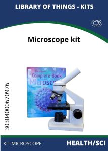 Health-Sci Microscope Microscope kit displayed next to "The Usborne Complete Book of the Microscope," featuring a microscope and educational materials.