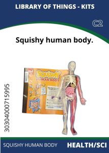 Health-Sci Squishy Body A transparent model of a human body with visible internal organs, alongside a colorful instructional booklet titled "Squishy Human Body."