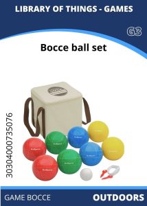 Outdoors Bocce A bocce ball set featuring colorful balls in red, blue, yellow, and green, plus a white pallino, stored in a beige carrying case.