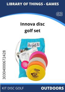 Outdoors Disc Golf Innova disc golf kit featuring colorful discs, a scorecard, and a drawstring bag, labeled "Library of Things - Games".