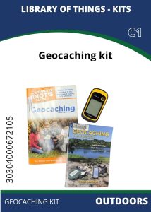 Outdoors Geocaching Items in a geocaching kit: two books on geocaching and a GPS device, all displayed on a clean white background.