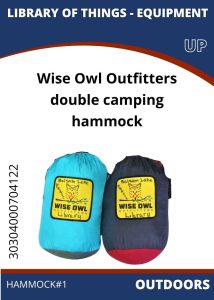 Outdoors Hammock A blue and gray compact double camping hammock by Wise Owl Outfitters displayed with the Library of Things branding.