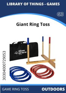 Outdoors Ring Toss Image of a Giant Ring Toss game set, featuring a carry bag, wooden posts, and colored rings in red and blue.