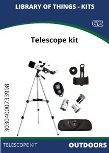 Outdoors Telescope A telescope kit displayed on a white background, featuring a telescope, tripod, eyepieces, smartphone adapter, and carrying bag.