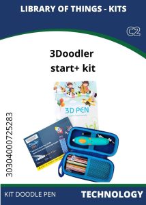 Tech 3Doodler 3Doodler Start+ kit including a 3D pen, colorful filament, and a quick start guide, all housed in a blue case.