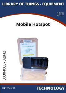 Tech Hotspot Image of a mobile WiFi hotspot device with packaging, labeled "Mobile Hotspot," for library equipment rental.