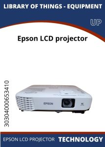 Tech Projector Epson LCD projector with a sleek design and a lens, labeled for technology equipment, displayed against a simple background.