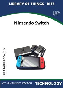 Tech Switch Image of a Nintendo Switch console with blue and red controllers, charging dock, and cables, labeled as a library kit.