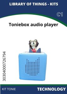 Tech Toniebox Image of a Toniebox audio player in blue, with a playful character resembling a dog on top, labeled for technology kits.