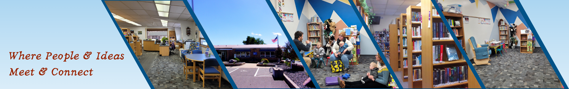 A collage of a library featuring cozy reading spaces, children with adults, and an outdoor area with the U.S. flag, promoting community and learning.