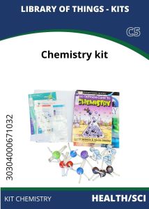 health-sci chem kit A chemistry kit featuring molecular models, a colorful chemistry guidebook, and instructional materials on a white background.