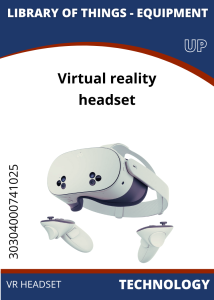 VR Headset A virtual reality headset with controllers, displayed on a blue background with "Library of Things - Equipment" text.