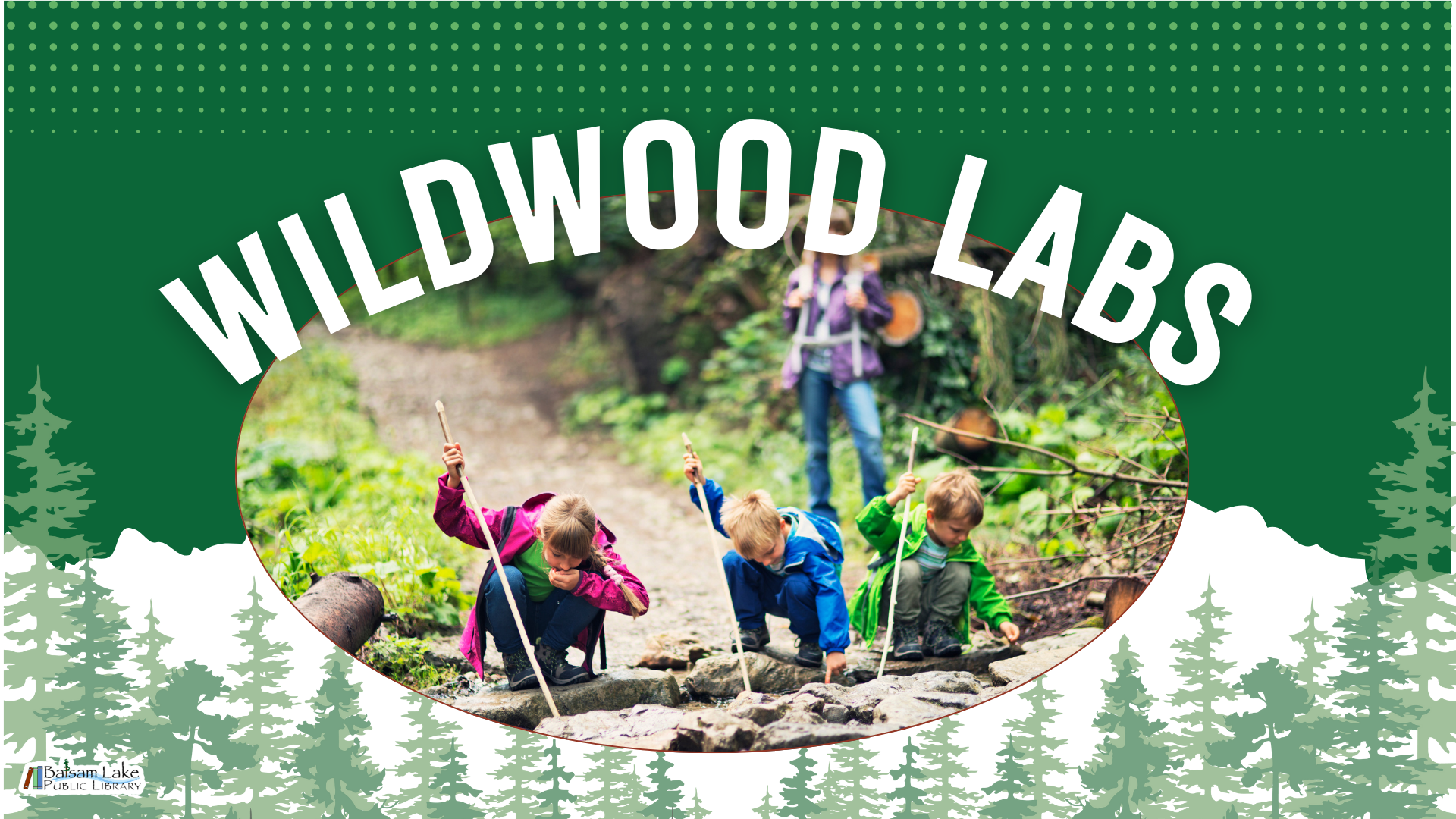 Children exploring a rocky path outdoors under the text "WILDWOOD LABS."