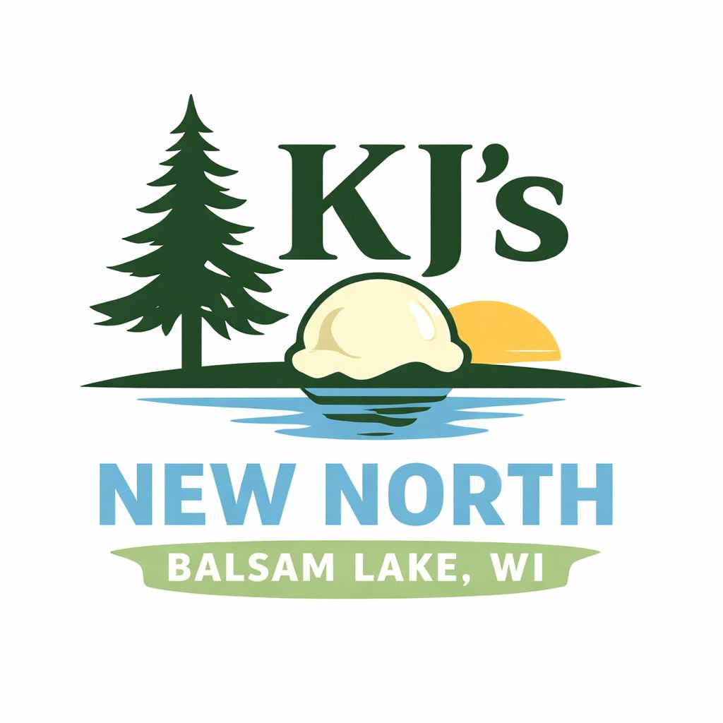 Logo with pine tree, sun, ice cream scoop, "KJ's," "NEW NORTH," and "BALSAM LAKE, WI."