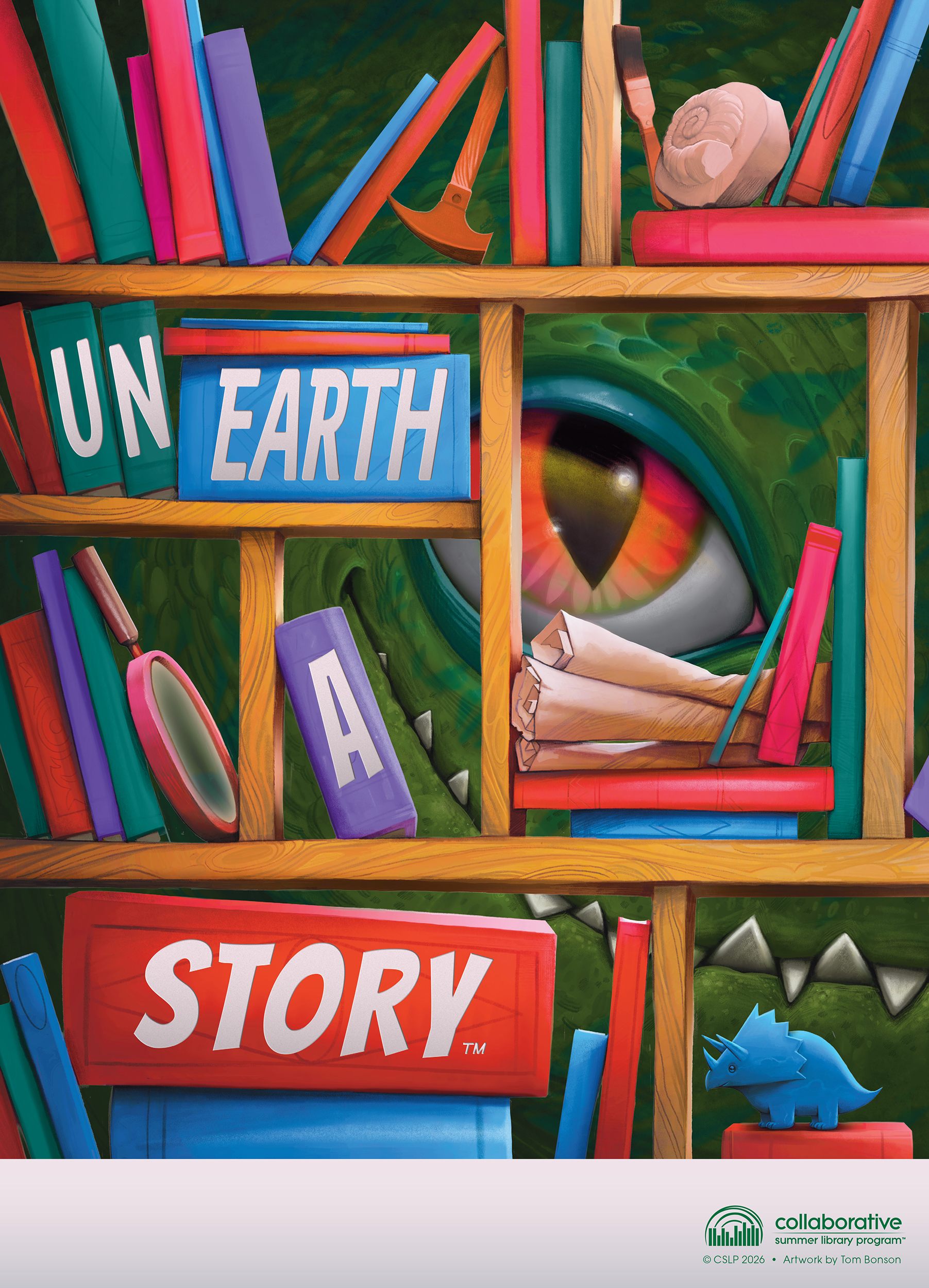 A bookshelf with colorful books, a large reptilian eye, and a blue toy dinosaur.