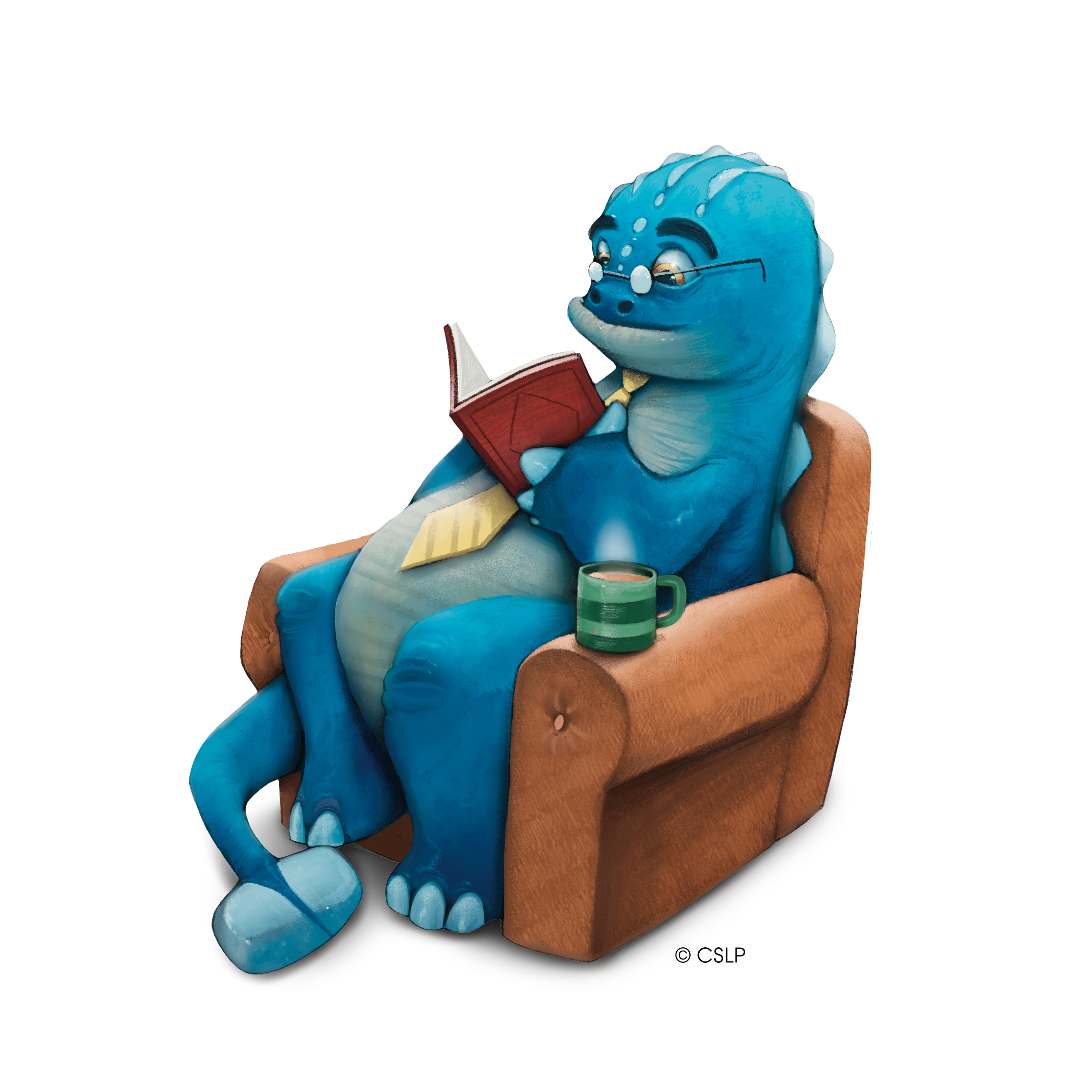 A blue cartoon dinosaur reading a book in an armchair with a steaming mug beside it.