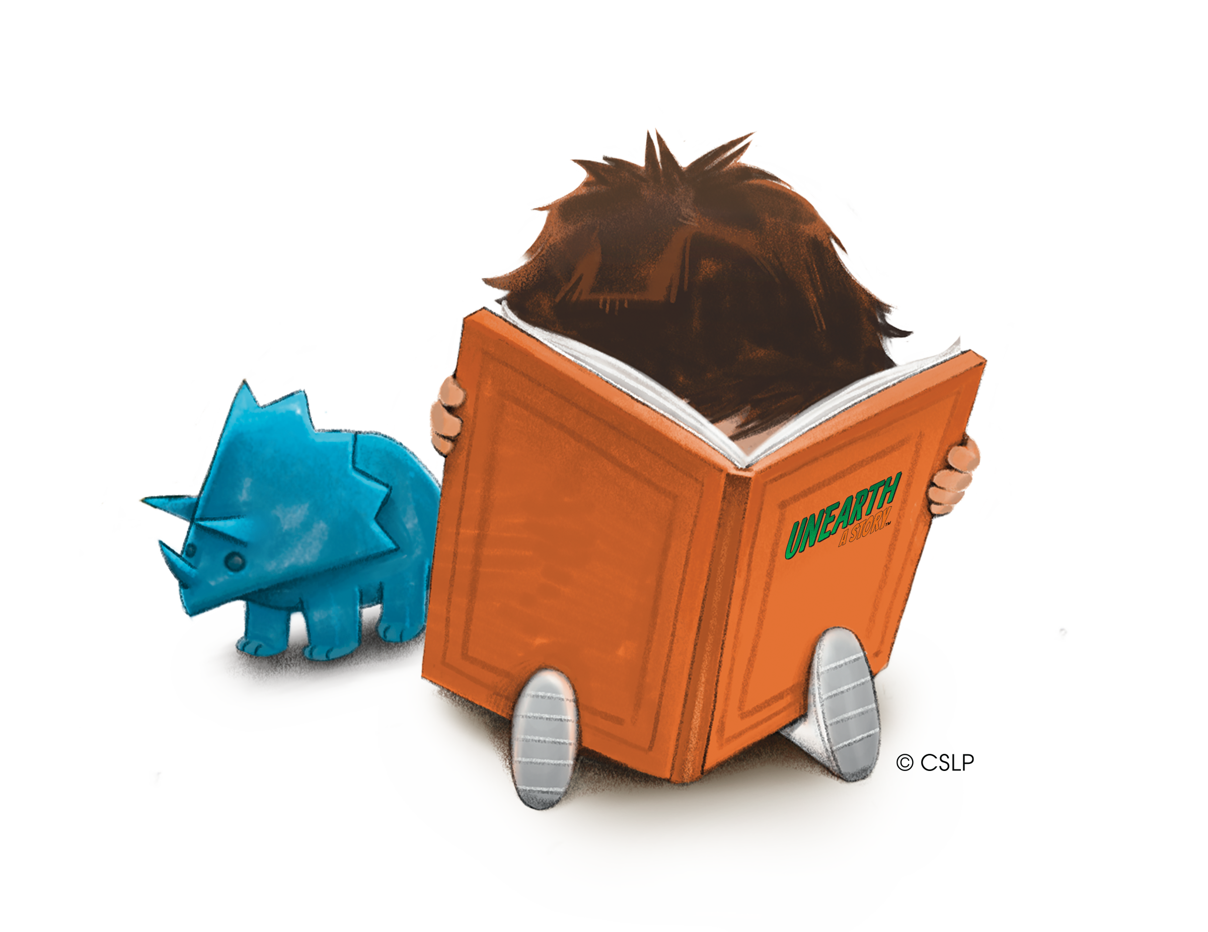 Child reading a large orange book titled "UNEARTH A STORY" with a blue toy triceratops nearby.